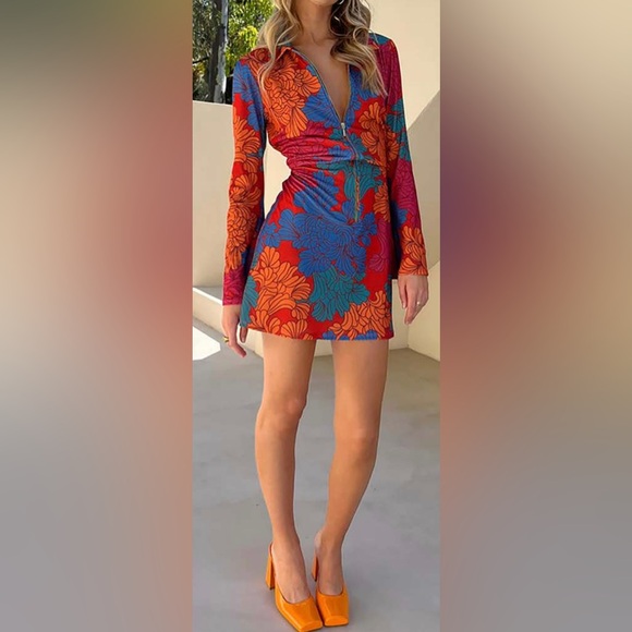 Never Fully Dressed Dresses & Skirts - Never Fully Dressed Red Blue Orange Floral Long-Sleeve Mini Dress